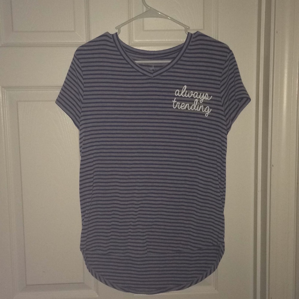 Blue and white striped graphic tee shirt